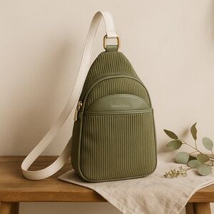 HAUTE HIPPIE Olive Green Corduroy Sling Backpack Crossbody Bag Utilitarian Boho